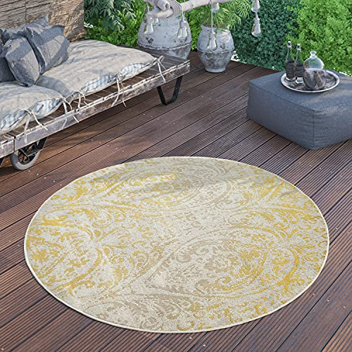 Paco Home Outdoor Teppich Rund Wetterfest Balkon Terrasse Küchenteppich Modern Vintage Pastell, Grösse:160 cm Rund, Farbe:Gelb