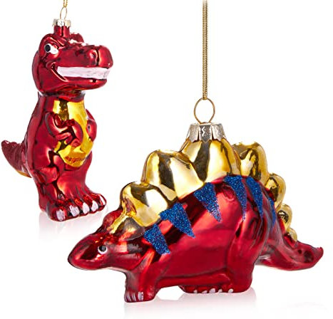 BRUBAKER Baumkugel Set Dinosaurier Rot - Handbemalte Weihnachtskugeln T-Rex und Stegosaurus - Mundgeblasener Christbaumschmuck aus Glas - Dino Baumschmuck Lustig - Baumanhänger 2 Stück