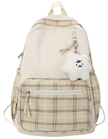 Aesthetic Backpack Kawaii Sage Green Niedlicher karierter Rucksack mit Plüschanhänger leicht große Kapazität Studenten Büchertasche Schultasche lässiger Tagesrucksack
