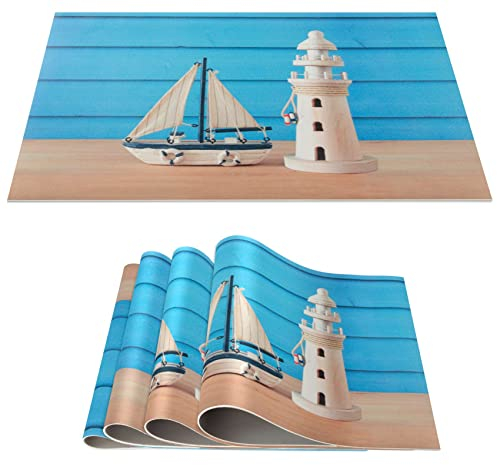 Platzset Tischset abwaschbar PVC Platzdeckchen rutschfest Tischuntersetzer Hitzebeständig Esstisch Deko für drinnen & draußen 30x45cm Maritim Leuchtturm 4-er Set
