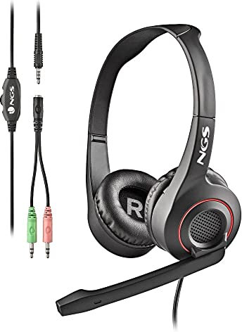 NGS MSX 10 Pro - Casque Léger Supra-Auriculaire avec Jack 3.5 mm pour Ordinateur et d’Un Adaptateur Double Jack pour PC, Microphone Ajustable, 20 Hz, NGS-HEADSET-0230, Noir