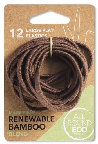 All Round Eco, Brown Large Flat Hair Elastics, Renewable Bamboo, Pack of 12