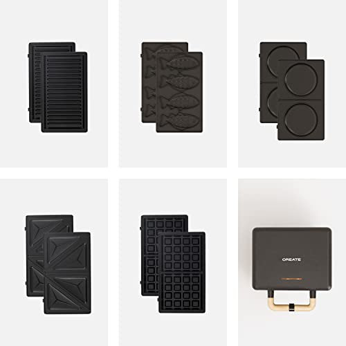 CREATE/STONE STUDIO/Doppelter Sandwichmaker und Grill in Schwarz / 5 austauschbare Platten: Grill, Waffel, Sandwich, Taiyaki und Pfannkuchen, 100º Öffnung, Retro-Stil, 800W