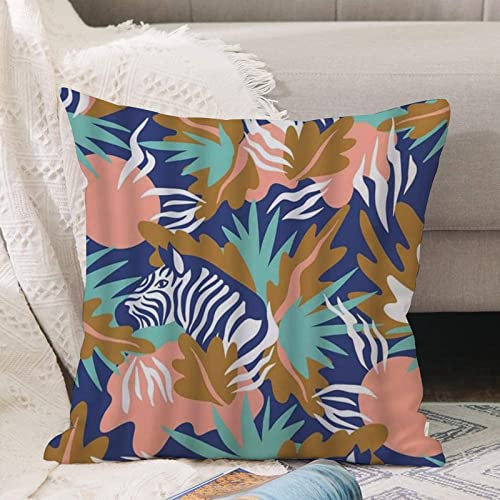 Kissenbezug 45x45 cm,Zebra Tropische Blätter Tierpflanze Dschungel Blumenstreifen Mode Somm,Outdoor Kissen Kissenbezüge Kissenhülle Sofa Kissen dekokissen Zierkissen für Wohnzimmer Garten deko draußen