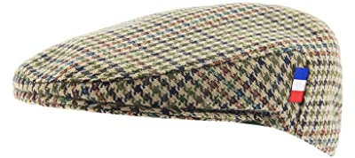 Casquette Drapeau français. Fabrication Artisanale, Cousu Main. Béret Homme. Béret Femme. Chapeau Plat. (FR/ES, Alpha/Lettres, L, Beige Pied de Poule)