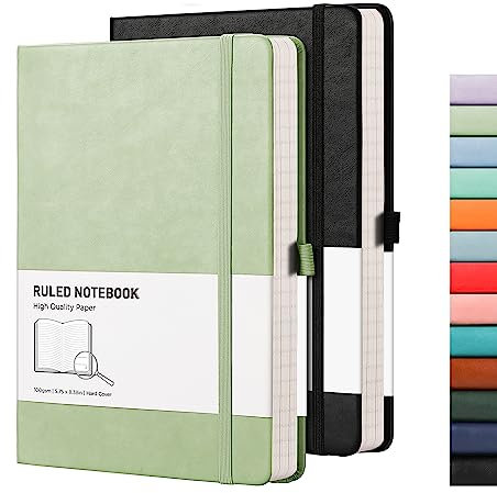 RETTACY Notizbuch, A5, liniert, Hardcover, 2 Stück – dickes Tagebuch mit 376 nummeriertem Papier, 2 kostenlose Haftnotiz-Trennblätter, 100 g/m² Papier, Stiftschlaufe, Innentasche, 14,5 x 21 cm –