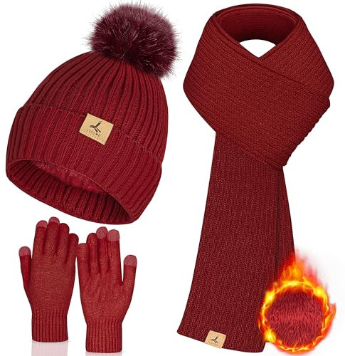 LOROME Damen Winter Beanie Mütze Schal Handschuhe Set Fleece Strick Pompon Mütze Warm Halstuch Touchscreen Handschuhe Winter Geschenk, Weinrot, 12.2*8.27 inch
