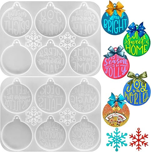 2 Pack Weihnachten Harz Formen, FineGood Runde Silikonformen für Harz Casting Baum Hängende Ornament Schlüsselanhänger Form DIY Schneeflocke Weihnachtsdekorationen