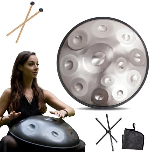 Handpan Instrument - 432Hz/440Hz 9/10/ 12 Noten - 55cm Stahl Zungentrommel - Handtrommel Mit Trommelständer Für Klangheilung (Size : 432Hz, Color : SILVER_12 NOTES)