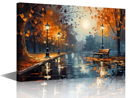 TISHIRON Poster auf Leinwand, Motiv Bank im Park, Blumen und Bäume, Ölgemälde, Stil, Impressionismus, Gemälde, Wandkunst für Wohnzimmer, Schlafzimmer, Büro, gerahmt, fertig zum Aufhängen, 30,5 x 45,7