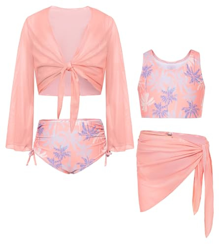 GRACE KARIN Maillot De Bain Quatre Pièces pour Filles, Débardeur + Slip + Haut De Protection + Paréo, Vêtements De Plage