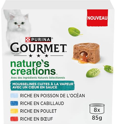 GOURMET | Nature’S Creations | Chat Adulte | Mousselines Cœur en Sauce avec des ingrédients naturels Sélectionnés | Poulet, Bœuf, Poisson de l'Océan, Cabillaud | 8x85g
