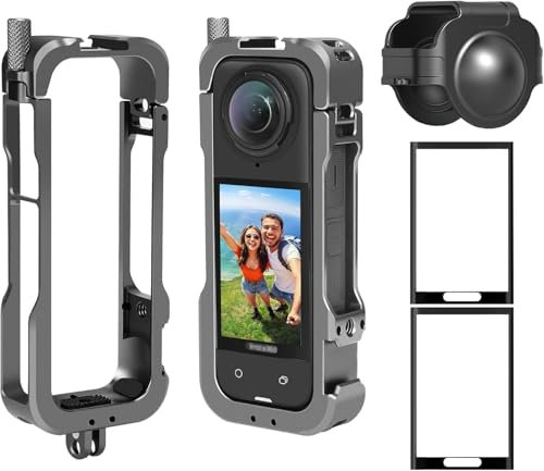 AMAZEAR Aluminum Frame Cage Kit for Insta 360 X4, Metal Multifunction Utility Frame Case for Insta 360 X4 Accessories Kit, Silicone Lens Guard Cap