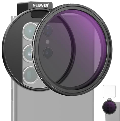 NEEWER 67mm Kit de Filtro de Lente de Móvil ND2-ND32 Variable, Clip de teléfono con Anillo Adaptador roscado/Zapata fría/Perilla de Bloqueo, Filtro ND Variable HD para iPhone 16 15 Pro MAX 14 13