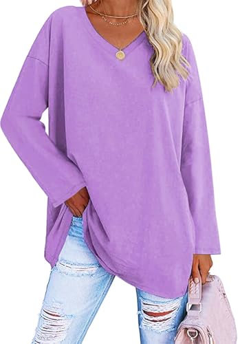 ELFIN Damen Langarmshirt V Ausschnitt Langarm Oberteile Basic T-Shirts Oversize Longshirt Tops Casual Bluse Tee Shirt (L, Lila)