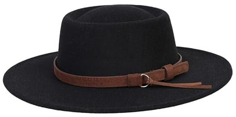 Upstore Fedora-Hut für Damen, breite Krempe, Pork Pie Hut, Filz, Panamahut, Jazz-Hut, Kappe mit Gürtelschnalle, Schwarz , Einheitsgröße