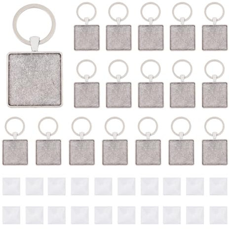 DICOSMETIC 20 Set Quadratische Blanko Cabochon Schlüsselanhänger Platin Legierung Anhänger Cabochon Fassungen Glas Cabochons DIY Blanko Schlüsselanhänger Herstellungsset für Fotoharz