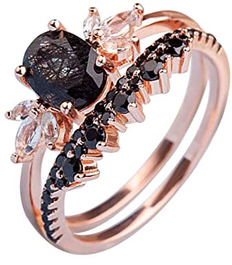 Sterling Silver Rings for Women Black Rutilated Quartz Engagement Ring Set Oval Shaped Rose Gold Ring Black Zirconia Curved Wedding Anniversary Ring (Black, 10)