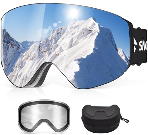Snowalva Ski Goggles, Snowboard Goggles with 2 UV400 Anti-Fog Detachable Magnet Lenses for Men & Women Adult