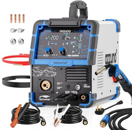 AZZUNO Soldador MIG 110V/220V, 200A 8 en 1 máquina soldadora con núcleo de flujo MIG/Gas MIG/MAG/Aluminio MIG/Spot MIG/Lift TIG/Stick Welding/Spool Gun compatible, máquina de soldadura multiproceso