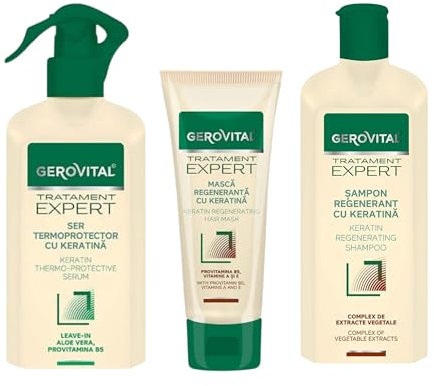 Gerovital Tratement Expert Haarpflege-Set - Keratin Regenerierung - Shampoo, Regenerierender Maske und Thermoschutzserum