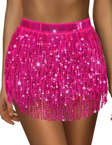 qikqik Paillettenrock für Damen, glitzernder Rock, Quastenröcke, Halloween, Pailletten-Fransenröcke, Bauchtanz, Glitzer, Rave-Outfit, Wickeltuch