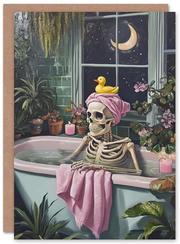 Wee Blue Coo Fun Funny Skeleton Bath Time Duck Trick or Treat Haunted Scary Halloween Card Blank For All