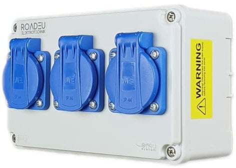 RoadEu - Steckdosenverteiler - 3x Schuko 230V. Stromverteiler IP44 Für den Innen- und Außeneinsatz, Baustromverteiler 16A. Außensteckdose 3x 230V Schuko für Indoor/Outdoor-Bereich