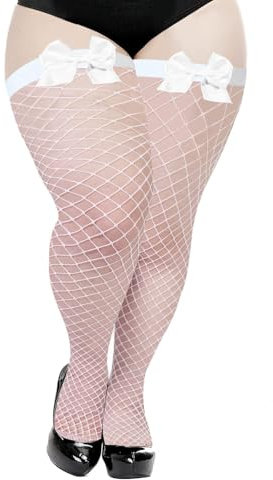 Moon Wood Damen Netzstrümpfe Halterlos mit Schleifen Halterlose Strümpfe Sexy Overknees Fishnet Stockings Weiß XXL