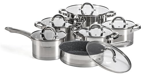 HOUSZY 12-Piece Stainless Steel Pots and Pans Set – Non Stick Cookware with Frying Pan, Saucepans & Glass Lids – Professional Stainless Steel Cookware Set for Home Cooking