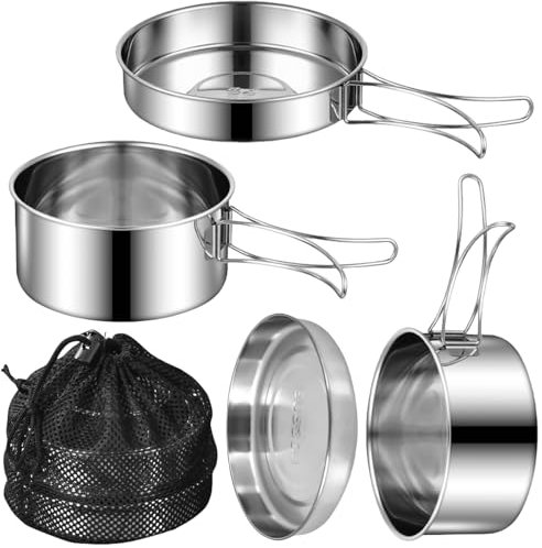 Set di 4 pentole da campeggio, in acciaio inox 304, con padella, portatile, set di pentole da campeggio, posate pieghevoli per esterni, per pentole da viaggio, escursionismo