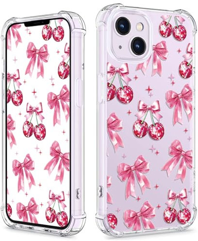 COBATREE for iPhone 14 Clear Phone Case,Cute with Cherry Bow Pattern Bumper Protective Shockproof Soft Cover Case for iPhone 14-Cherry Bow