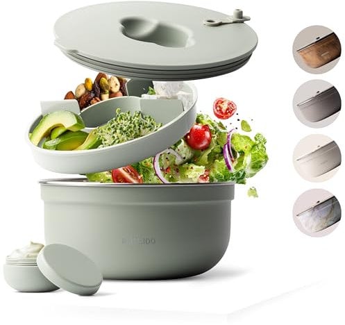 MAMEIDO Boîte à Salade à emporter 1,5l - Lunch Box en acier, Bento Box, Saladier sans BPA, Bol avec récipient à vinaigrette étanche, Boîte à repas avec compartiments, Meal Prep (Desert Sage, 1500ml)