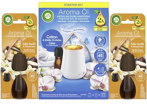 Air Wick Aroma-Öl Diffuser Starter-Set inklusive 1 Gerät, 1x20ml Cotton & Weiße Orchidee & 2x20ml Vanille & Sheabutter Nachfüller