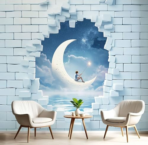 Seide Fototapete Loch in der Wand-Cartoon 400×280 CM (W×H), Foto Tapete Schlafzimmer Wohnzimmer Seide tapete, Wandtapete Mond Junge Motivtapeten Bildtapete 3d Effekt Wand Dekoration