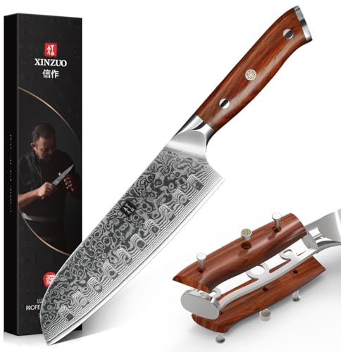 XINZUO 18cm Santoku Knife, Japanese Style,High Carbon 67 Layers Damascus Steel, Ergonomic Rosewood Handle, Suitable for Home, Restaurant