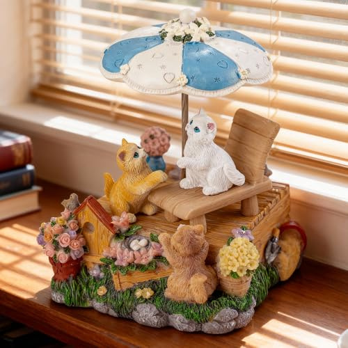 MS. WENNY Cat Garden Gazebo Music Box Ornament – Resin Figurine with Rotating Parasol, Plays ‘What a Wonderful World’ – Hand-Painted Vintage Style Gift for Cat Lovers, Home Décor