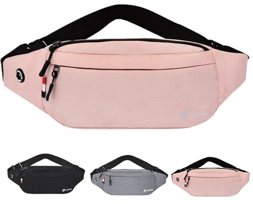 Sac banane pour femme, homme, fille, avec prise casque et ceinture réglable pour le sport, la course à pied, la randonnée, le jogging, rose clair, L, bumbag