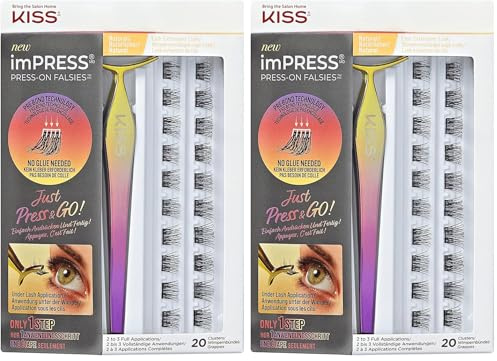 KISS imPRESS Falsies Press On Lashes Natural Selbstklebende Wimpern 1-Step, Glam Volume, Schwarz, Kein Kleber erforderlich, Wimpernverlängerung DIY, 20 Wimpernbüschel & Applikator (Packung mit 2)