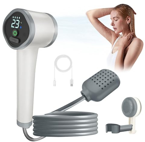 Doccia portatile da campeggio, ricaricabile tramite USB, con display a LED intelligente, kit doccia esterna con display a temperatura per campeggio, trekking, viaggi, lavaggio auto, pulizia animali