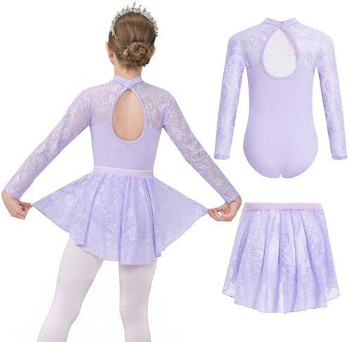 Gogokids Ballet Leotards for Girls Long Sleve Lace Leotards Toddler Dance Dress with Removable Skirt Combo for 3-12 Years