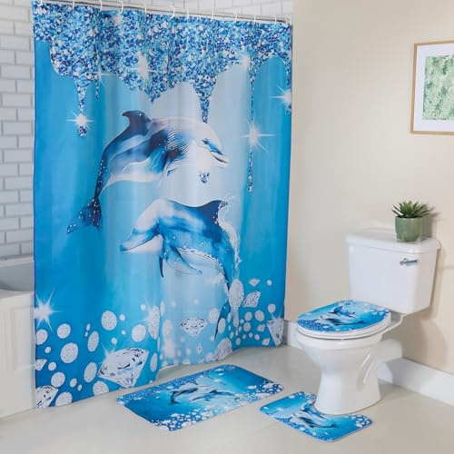 Coopers of Stortford - 4 Piece Dolphin Bathroom Set - Shower Curtain with 12 Rings - Bathmat Pedestal Mat Toilet Lid Cover - Soft Absorbent Machine Washable