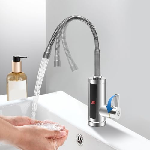 Robinet avec chauffe-eau, 3000 W 220 V, robinet électrique avec bec flexible et affichage de la température LCD, robinet de chauffage électrique IPX4, robinet rotatif à 360° pour cuisine, salle de