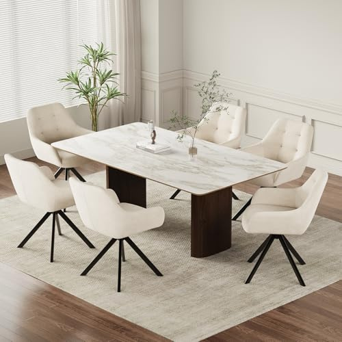 COLAMY Drehbare Esszimmerstühle 6er Set, Esszimmerstühle Drehbar mit Armlehne, Armlehnstuhl Drehbar mit Rückenlehne für Esszimmer, Stühle aus Weichem Florstoff mit Metallgestell für Küche, Beige