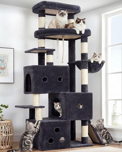 Heybly Arbre à Chat 188cm Géant avec 3 Cabanes Superposées et Grande Plateforme, Grattoir sur Pieds Stable avec Sisal Naturel et Rampe, Meuble pour Chat Intérieur, Gris Fumé HCT061G