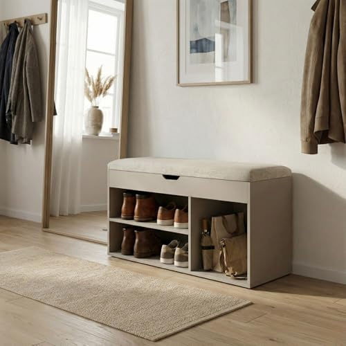 EDAXO BOXIMO TRIA Schuhschrank mit Sitzbank, MDF und Polyester, 80 x 43 x 30 cm (Beige)