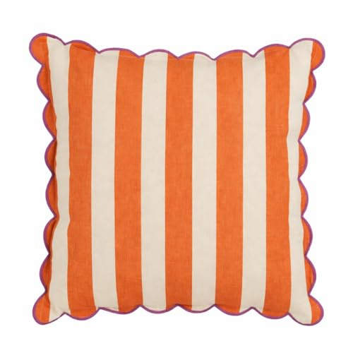 MICA Decorations Gestreiftes Deko Kissen - Kissen mit Kissenbezug - Sofakissen Zierkissen - 45 x 45 x 10 cm - Baumwolle, Leinen, Polyester - Orange, Off-White