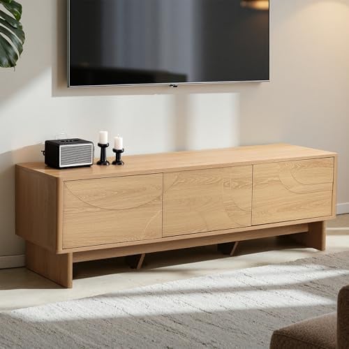 Hometopia TV-Lowboard 150 cm in Eichenoptik mit Bogenfront | Modernes TV-Board mit 3 Push-to-open-Türen, geometrischem Relief, 2 Kabeldurchlässen und abgerundeten Kanten