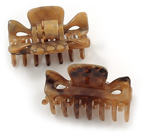 Set di 2 piccole pinze per capelli in acrilico con stampa a serpente lucido, colore: marrone/beige, lunghezza 35 mm
