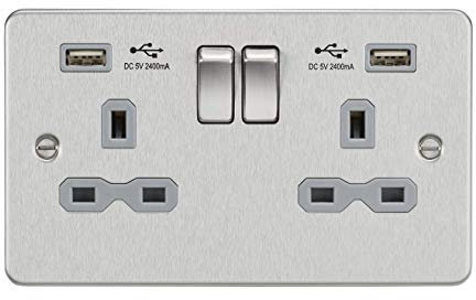 13A 2G Switched Socket with Dual USB Charger A + A (2.4A) - Brushed Chrome with Grey Insert